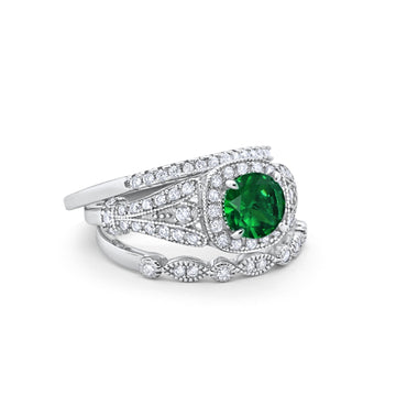 Three Piece Art Deco Bridal Wedding Ring Simulated Green Emerald CZ 925 Sterling Silver